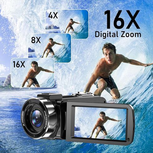 4K Video Camera Camcorder, 56MP 16X 270° Rotation Touchscreen WiFi IR Night | Camcorder Camera with 32GB Card Remote Control 2 Batterie LED Fill Light 3" IPS Touchscreen, Support of HD output Ext Mic in Kuwait