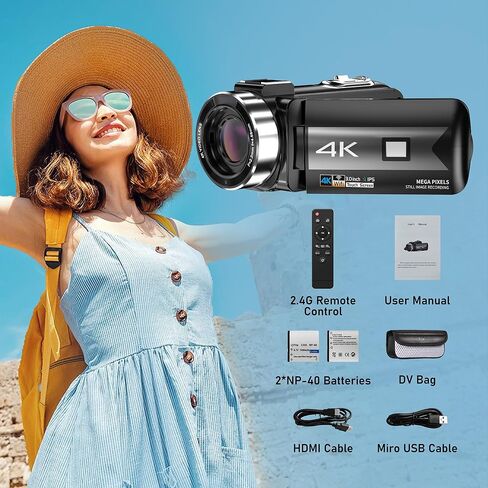 4K Video Camera Camcorder, 56MP 16X 270° Rotation Touchscreen WiFi IR Night | Camcorder Camera with 32GB Card Remote Control 2 Batterie LED Fill Light 3" IPS Touchscreen, Support of HD output Ext Mic in Kuwait