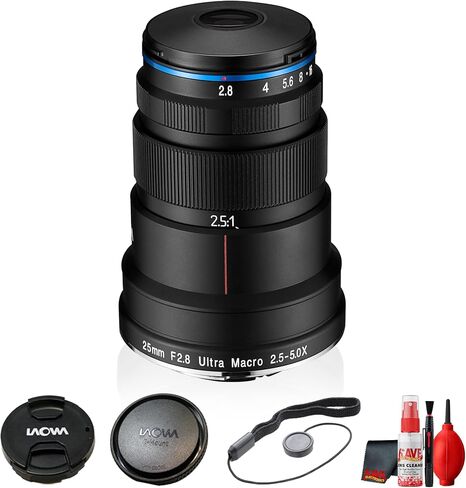 Laowa 25mm f/2.8 2.5-5X Ultra Macro Lens for Canon RF Pro Bundle | Full Frame Manual Focus Extreme Close-Up Photography (VE2528RF) + Flexible Tripod + Cleaning Kit + More (5pc Bundle) in Kuwait