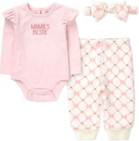 Baby Essentials Infant Girl 3-Piece Outfit Set with Bodysuit, Quilted Jogger Pants & Headband in Saudi Arabia