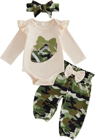Football Baby Girl Outfit Ruffle Sleeve Romper Camo Pants with Bow Headband in Saudi Arabia