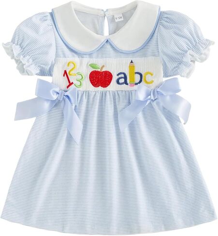 Toddler Girl Back To School Dress Doll Collar School Dress Summer Clothes | Girls First Day Of Pre K Kindergarten Outfit Bow Apple Pencil Embroidery Smocked Dress Little Girl Preschool Clothes 1-7Y in Saudi Arabia
