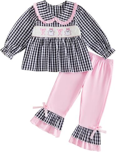 Toddler Girl Halloween Outfit Pumpkin Ghost Smocked Tops And Pants | Girls Halloween Outfit Baby Long Sleeve Pumpkin Ghost Smocked Tops And Bell Bottoms Pants Cute 2Pcs Little Girl Fall Outfits in Kuwait