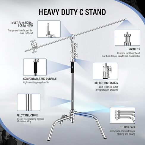 2 Pack Stainless Steel Photography Light Stand 6.9ft/210cm with Holding Arm Sandbag Grip Head Heavy Duty C Stand Sturdy for Photography Studio Video Monolight Softbox Shooting?Black? in Kuwait