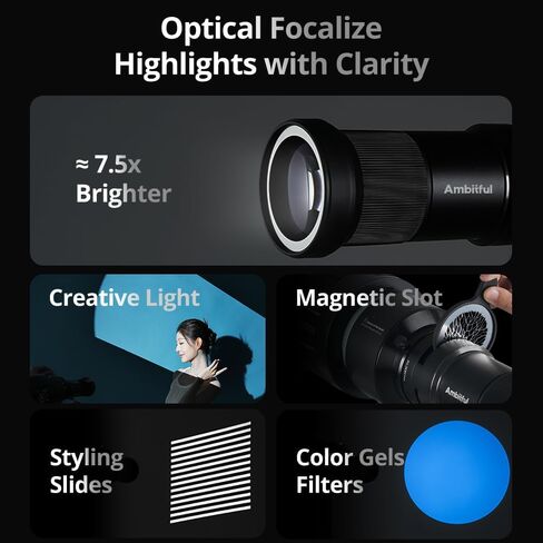 Ambitful AL300Pro Optical Snoot,with 20 Gobos,36° Lens Spotlight Bowens Mount Projector Attachment for COB Monolight Portraits,Photography Video Shape Light Studio,Godox LED Light | Bowens Mount Projector Attachment for COB Monolight Portraits,Photography in Saudi Arabia