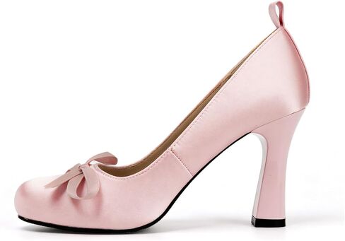 UniqueStride Women's Satin Ballet Heels Bow Pumps Lace Up Chunky Block High Heeled Square Toe Party Ballerina Mary Janes Elegant Party Shoes(Pink, US Size 7.5) in Kuwait