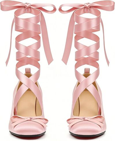 UniqueStride Women's Satin Ballet Heels Bow Pumps Lace Up Chunky Block High Heeled Square Toe Party Ballerina Mary Janes Elegant Party Shoes(Pink, US Size 7.5) in Kuwait