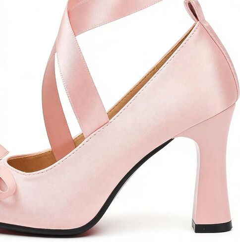 UniqueStride Women's Satin Ballet Heels Bow Pumps Lace Up Chunky Block High Heeled Square Toe Party Ballerina Mary Janes Elegant Party Shoes(Pink, US Size 7.5) in Kuwait