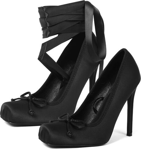 Oiamenne Women's Detachable Ribbon Ballet Heels, 2-in-1 Design | Stiletto, Square Toe, Satin Material in Saudi Arabia