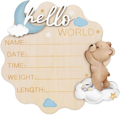 FYSUIMU Bear Theme Birth Announcement Sign Hello World Newborn Sign Cute Blue Bear Newborn Milestone Wooden Board for First Birthday Baby Shower Photo Prop Keepsake in Kuwait