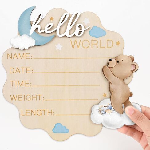 FYSUIMU Bear Theme Birth Announcement Sign Hello World Newborn Sign Cute Blue Bear Newborn Milestone Wooden Board for First Birthday Baby Shower Photo Prop Keepsake in Kuwait