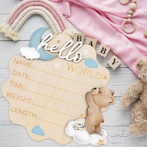 FYSUIMU Bear Theme Birth Announcement Sign Hello World Newborn Sign Cute Blue Bear Newborn Milestone Wooden Board for First Birthday Baby Shower Photo Prop Keepsake in Kuwait