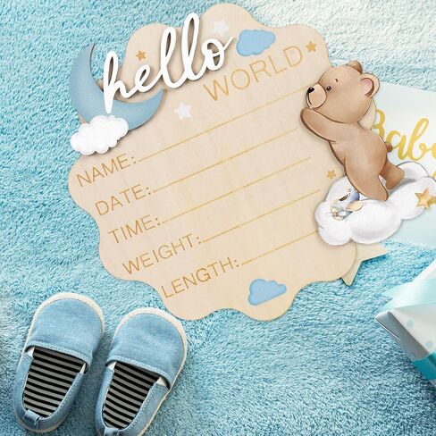 FYSUIMU Bear Theme Birth Announcement Sign Hello World Newborn Sign Cute Blue Bear Newborn Milestone Wooden Board for First Birthday Baby Shower Photo Prop Keepsake in Kuwait