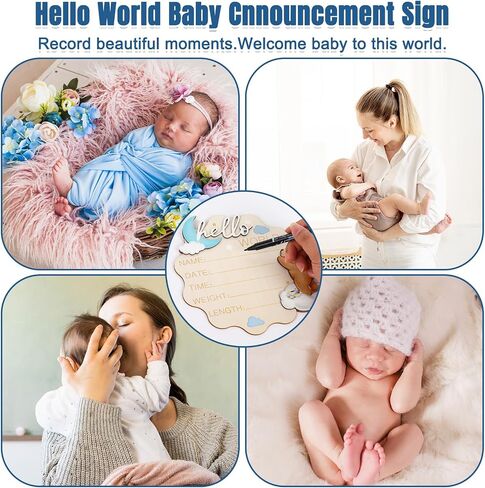 FYSUIMU Bear Theme Birth Announcement Sign Hello World Newborn Sign Cute Blue Bear Newborn Milestone Wooden Board for First Birthday Baby Shower Photo Prop Keepsake in Kuwait