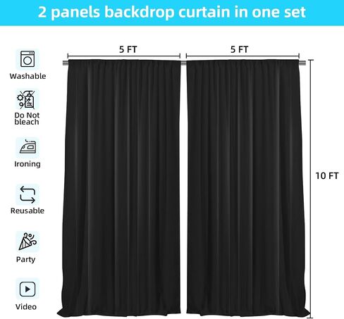 10x10ft Black Backdrop Curtain with Rod Pockets, Wrinkle Free Backdrop Curtains for Parties, for Wedding Birthday Party Decorations Background for Photography 5x10ft, 2 Panels in Saudi Arabia