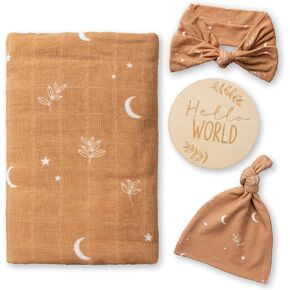100% Organic Muslin Swaddle Set w Matching Hat/Bow| Moon Leaves in Haze Blue| Hospital Home-Coming Baby Announcement Blanket Gender Neutral for Boy n Girl in Saudi Arabia