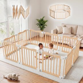 Wooden Baby Playpen, Natural Solid Wood Playpen, 66 x 45 x 24 inches | Foldable Playpen for Babies and Toddlers, Adjustable Baby Play Yard, Indoor & Expandable Baby Fence Play Area, Easy Assembly in Saudi Arabia