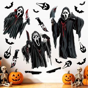 Horror Movie Wall Decals Peel and Stick - Spooky Ghost Killer Masks Knives | Bats Blood Splatter Stickers for Halloween Party Decor, Bedroom, Game Room, Window, Haunted House Display in Kuwait