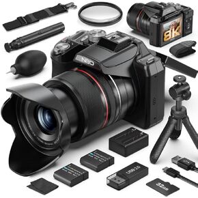 8K & 64MP Digital Camera for Photography, 48X Zoom with Moon Mode，Black | 16X Optical + 3X Digital,180° Flip Screen, WiFi, Micro HDMI, 32GB Card & 2 Batteries, Vlogging Camera for YouTube in Kuwait