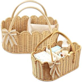 2pcs Rattella Premium Scalloped Rattan Baby Diaper Caddy Organizer 16.14*10*7.2/13.9*8*6in Handwoven Wicker Nursery Storage Basket with Removable Divider & Gift Bow - Boho Baby Registry (Khaki 2) in Kuwait