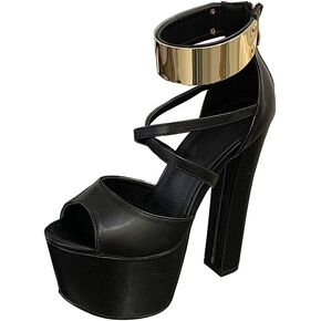 Black Strappy Heels for Women Sexy Platform Open Toe Heels 6.3 Inch, Gold Ankle Strap Zipper Dressy Shoes Stripper Party Prom Chunky Heeled Sandals in Saudi Arabia