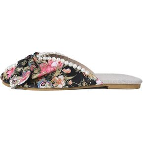 Women's Satin Flat Mules, Floral Print Design, Pearl Bow Decor, Vintage Oriental Style, Slip-On Loafer Slippers, Summer Casual Flat Sandals in Kuwait