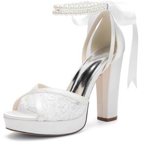 Lace Wedding Shoes for Bride Platform Heels Pearl Bridal Shoes Chunky heel Sandals in Saudi Arabia