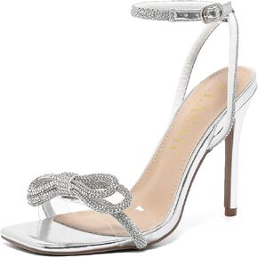 Heels for Women Rhinestone Bow Silver Heels for Women Square Toe Clear High Heels Sandals Silver Wedding Shoes with Adjustable Ankle Strappy for Party Wedding Dress Party in Kuwait