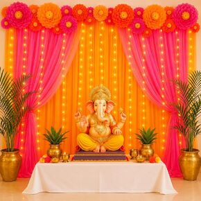 Indian Pooja Backdrop Decoration Set, Diwali Backdrop 4 Yellow Hot Pink Tulle Drapes and 12 Paper Flowers, Mehndi Home Decorations for Varalakshmi, Haldi, Puja, Festival Decor in Saudi Arabia