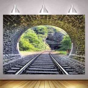 Train Tunnel Background,Railway Track,Travel Photography Backdrop,5x3FT | Mountain,Forest Landscape,Natural Scene,Railroad Themed,Portrait,Outdoor Photography Decor,Vinyl Banner,Top Pocket in Saudi Arabia