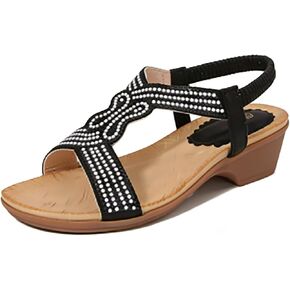 Womens Wedge Sandals Beaded Low Heel Dressy Sandals Elastic Ankle Strap Rhinestone Summer Comfortable Walking Shoes in Saudi Arabia