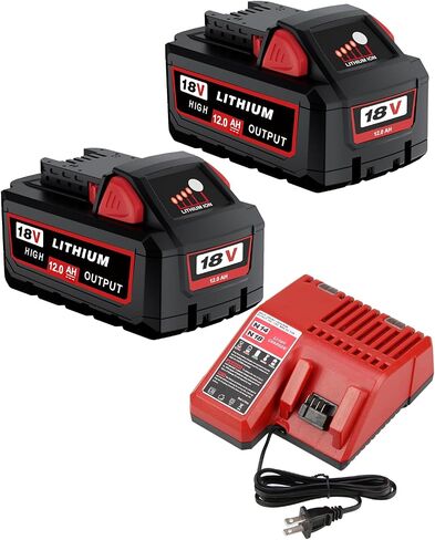 2Pack 18V 12.0Ah Batteries and Charger Combo Replacement for Milwaukee M-18 | Compatible with Milwaukee Battery Lithium Ion 48-11-1880 48-11-1860 48-11-1850 and 18 Volt Cordless Power Tools in Kuwait