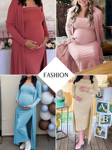 Ecavus Maternity Tube Dress Long Cardigan 2 Piece for Baby Shower and Wedding Guest Ribbed Maternity Photoshoot Dresses Pink in Kuwait