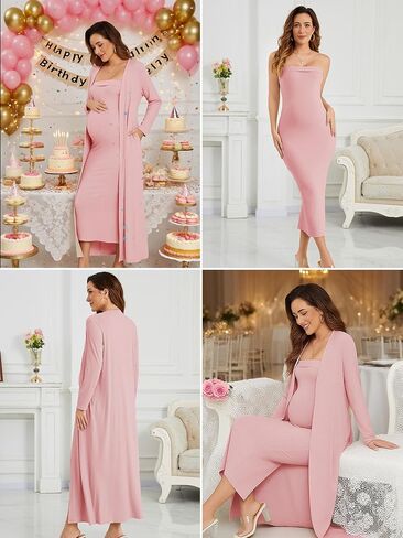 Ecavus Maternity Tube Dress Long Cardigan 2 Piece for Baby Shower and Wedding Guest Ribbed Maternity Photoshoot Dresses Pink in Kuwait