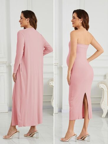 Ecavus Maternity Tube Dress Long Cardigan 2 Piece for Baby Shower and Wedding Guest Ribbed Maternity Photoshoot Dresses Pink in Kuwait
