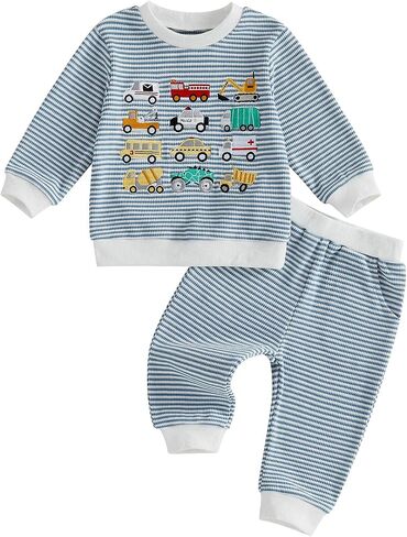 WZTYYDS Toddler Boy Vehicle Embroidery Waffle Sweatshirt Pants Set | Soft Striped Waffle Knit, Baby Boy Fall Clothes, Spring, Winter, Cute Vehicle Embroidery, 6M-4T, 2-Piece Outfit, Pullover in Saudi Arabia