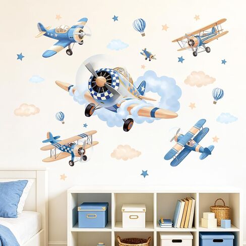 SHUCHING Blue Airplane Wall Decal for Nursery, Cloud Wall Sticker for Kids | Baby Bedroom Playroom Wall Décor in Saudi Arabia