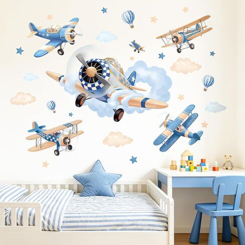 SHUCHING Blue Airplane Wall Decal for Nursery, Cloud Wall Sticker for Kids | Baby Bedroom Playroom Wall Décor in Saudi Arabia