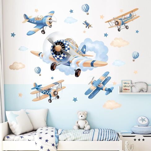 SHUCHING Blue Airplane Wall Decal for Nursery, Cloud Wall Sticker for Kids | Baby Bedroom Playroom Wall Décor in Saudi Arabia