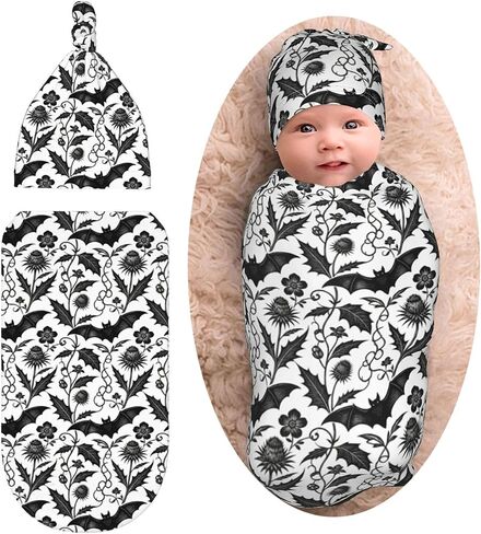 Goth Halloween Bat Gothic Baby Stuff Newborn Baby Swaddle Blanket with Beanie Set Soft Gifts for Unisex Girls Boys in Kuwait
