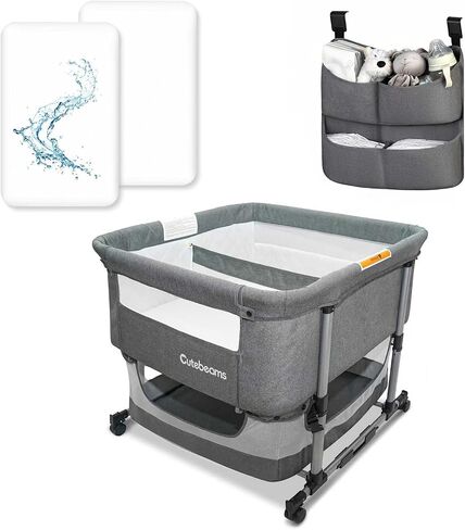 Twin Bassinet for 2 Babies, Bedside Double Bassinet for Twins | 4 In 1 Portable Adjustable Rocking Bassinet for Baby with Mosquito Net and Storage Basket, Luxury Mattress (Grey) in Kuwait
