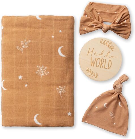 100% Organic Muslin Swaddle Set w Matching Hat/Bow| Moon Leaves in Haze Blue| Hospital Home-Coming Baby Announcement Blanket Gender Neutral for Boy n Girl in Saudi Arabia