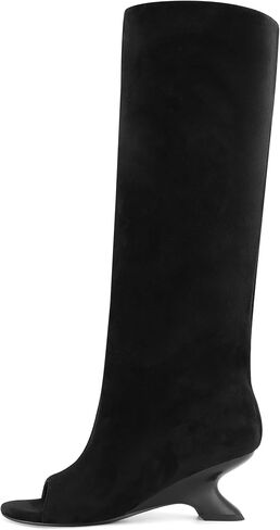 Peep Toe Knee High Boots for Women Suede Pull On Wedge Heel Long Tall Boots Fashion High Heel Dress Booties in Saudi Arabia