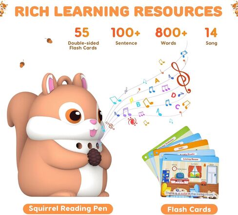 Phonics 55 Double-Sided Flash Cards with Squirrel Talking Pen Set, Over 800 Words Early Educational Learning Toys for Ages 2-6, Interactive Speech Book Card Game Gift, Homeschool Learning Supplies in Kuwait