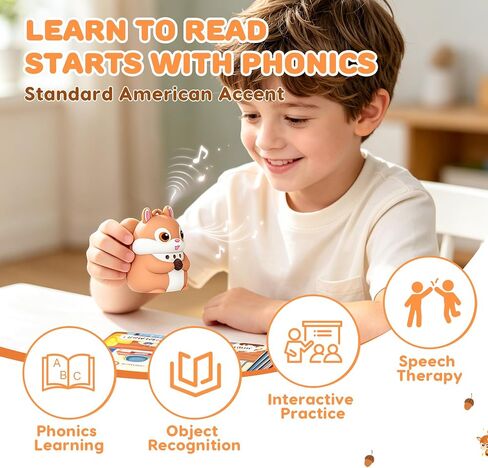 Phonics 55 Double-Sided Flash Cards with Squirrel Talking Pen Set, Over 800 Words Early Educational Learning Toys for Ages 2-6, Interactive Speech Book Card Game Gift, Homeschool Learning Supplies in Kuwait