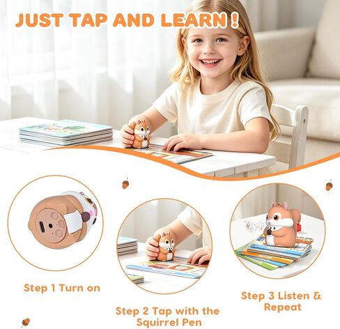 Phonics 55 Double-Sided Flash Cards with Squirrel Talking Pen Set, Over 800 Words Early Educational Learning Toys for Ages 2-6, Interactive Speech Book Card Game Gift, Homeschool Learning Supplies in Kuwait