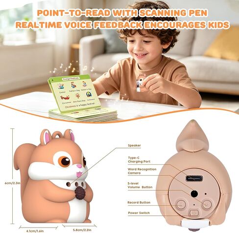 Phonics 55 Double-Sided Flash Cards with Squirrel Talking Pen Set, Over 800 Words Early Educational Learning Toys for Ages 2-6, Interactive Speech Book Card Game Gift, Homeschool Learning Supplies in Kuwait