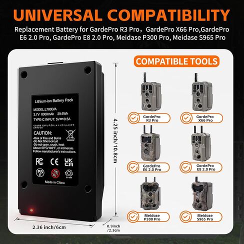 8000mAh Trail Camera Battery for GardePro & Meidase Wildlife Game Camera | For GardePro X66 Pro,X66 Pro Max,R3 Pro,E6 2.0 Pro,E8 2.0 Pro,Meidase P300 Pro,S965 Pro Wildlife Hunting Trail Camera Battery in Kuwait