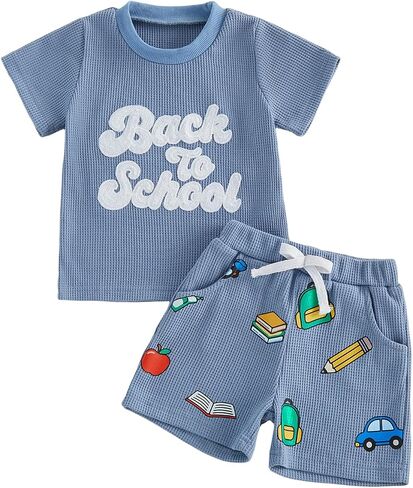 Back to School Outfit for Boys Pre K Clothes | Letter Embroidered Short Sleeve Waffle T-shirt and Shorts Set, First Day of School Wear in Saudi Arabia