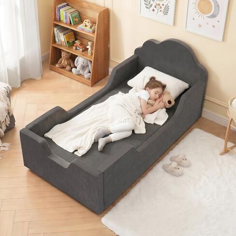 Fvkind Toddler Bed, No Assembly Needed, Soft All Foam, Cloud Headboard Grey | Soft all-foam toddler bed with safety guardrails, removable washable cover. Great Bed for toddlers 3-5, easy to move in Kuwait